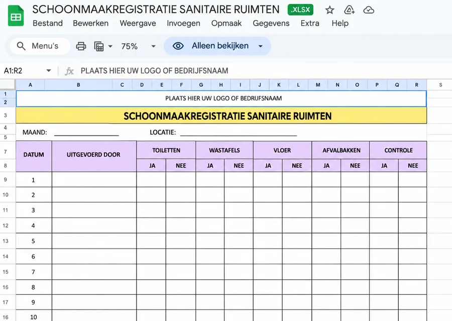 Bewerkbare schoonmaakregistratie in het Nederlands